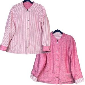 NEW! Chicos Reversible Linen Haute Pink Railroad Stripe Snap Button Jacket 4/XXL